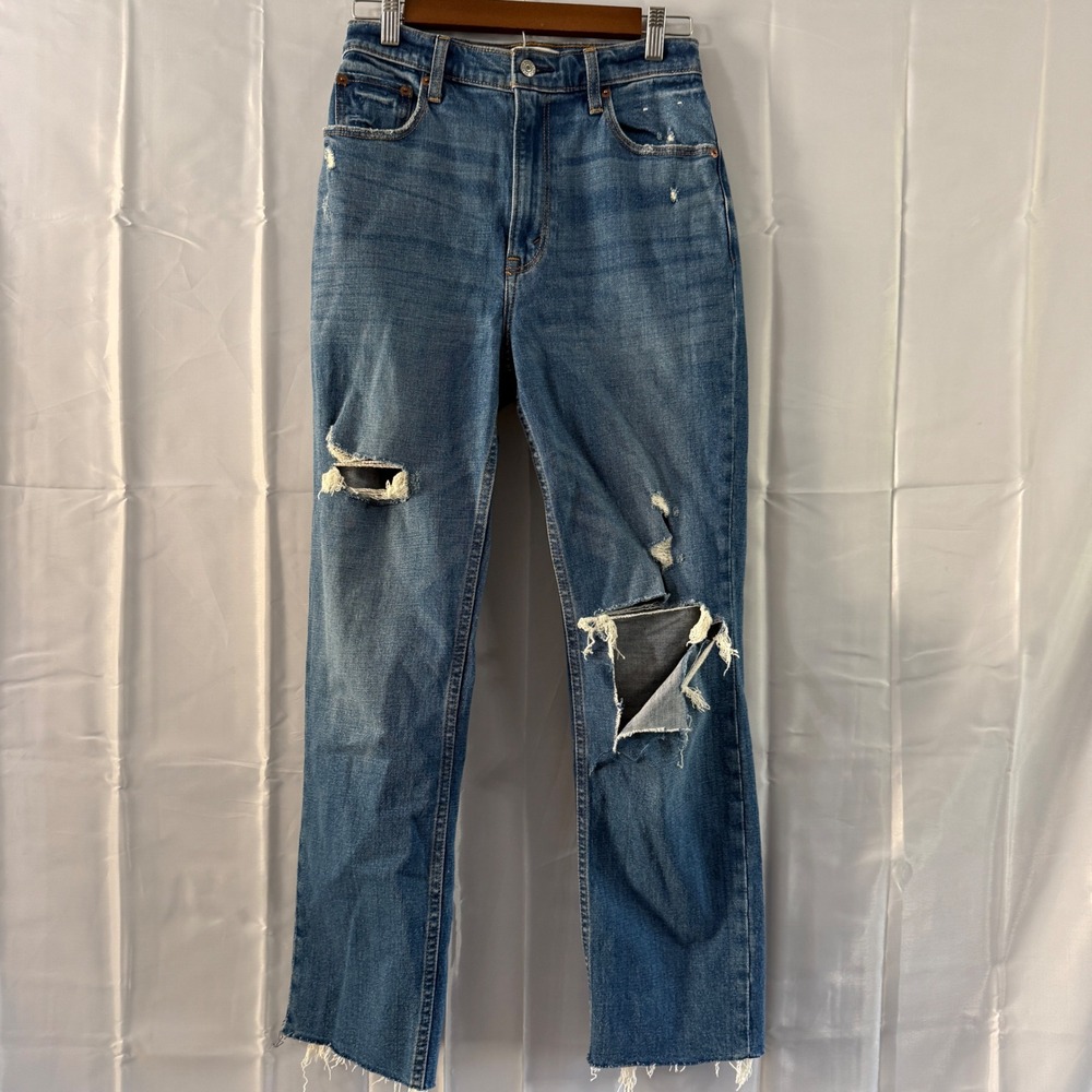 Abercrombie & Fitch Ankle Straight Ultra High Rise Distressed Jeans 27/4L Blue